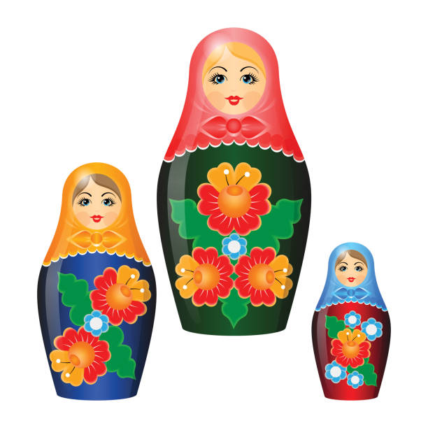 drewniane lalki lęgowe w szalach i etnicznych wzorach florystycznych - russian nesting doll gender symbol human gender russian culture stock illustrations