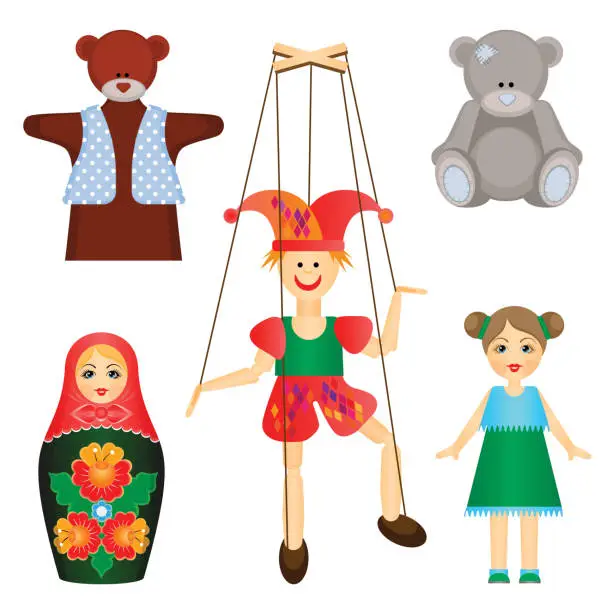 Vector illustration of Soft toys and dolls of wood and plastic set