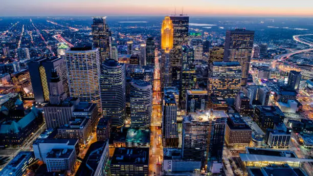 Aerial of Downtown Minneapolis at Sunset