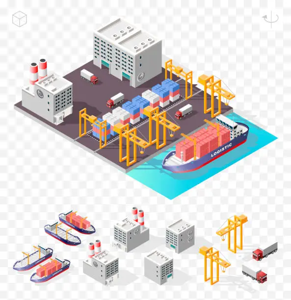 Vector illustration of Set of Isolated High Quality Isometric City Elements . Harbor with Shadows on Transparent Background