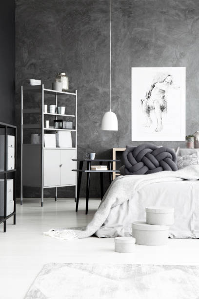 istock Monochromatic bedroom interior with cabinet 909486084