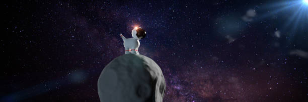 cute cartoon space dog in white space suit standing on an asteroid