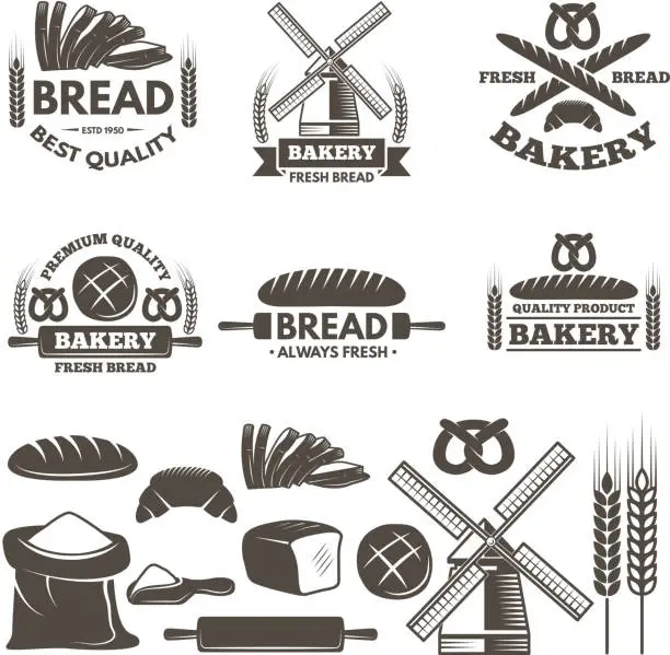 Vector illustration of Monochrome labels set for bakery shop. Vector templates with place for your text