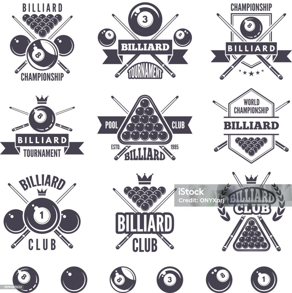 Logos set for billiard club Logos set for billiard club. Billiard badge and emblem, game sport snooker illustration Pool - Cue Sport stock vector