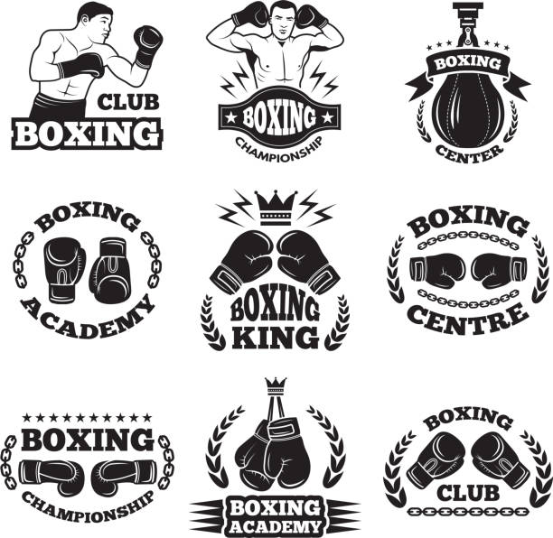 Boxing club, or mma fighting labels. Monochrome vector illustrations. Box badge and emblem with fighter
