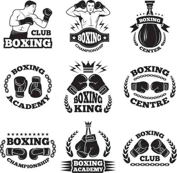 Vector illustration of Boxing club, or mma fighting labels. Monochrome vector illustrations