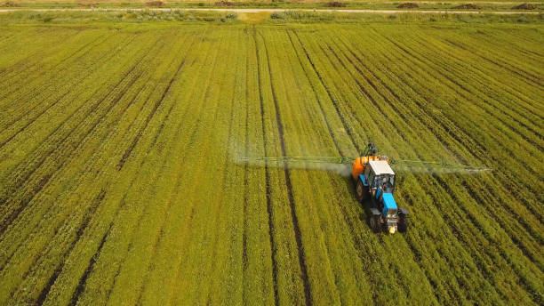 istock Tractor is spraying fertilizers field 909487328