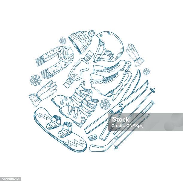 Vector Hand Drawn Winter Sports Equipment Circle Concept Stock Illustration - Download Image Now