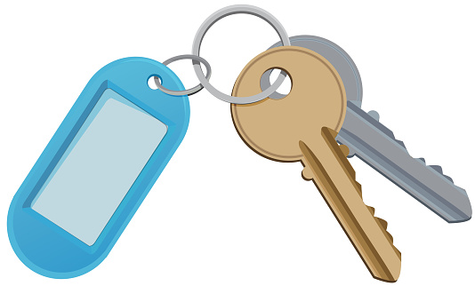 Key and keychain. Vector illustration isolate on white. Key for access door, safety and holder for key