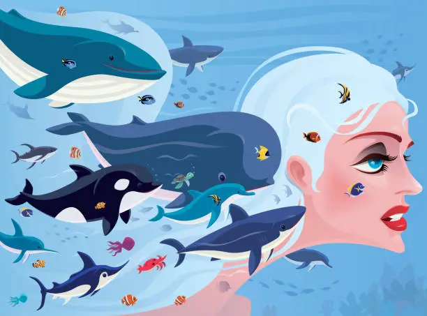 Vector illustration of mermaid gathering with sea creatures