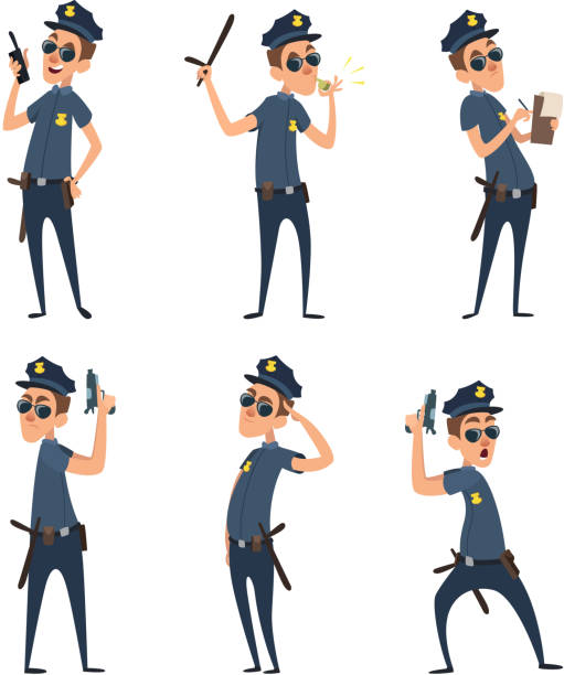 Ilustración de Personajes De Dibujos Animados Graciosos De Policías En  Acción Plantea y más Vectores Libres de Derechos de Adulto - iStock