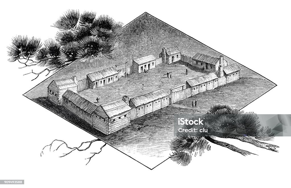 The US Village Boonesborough 1777, founded by Daniel Boone Illustration from 19th century Fort stock illustration