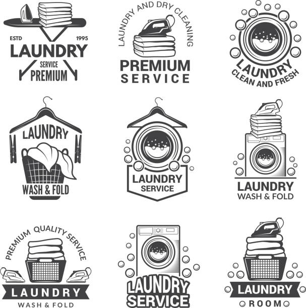 세탁 서비스의 레이블 벡터 흑백 사진 - 빨래방 stock illustrations
