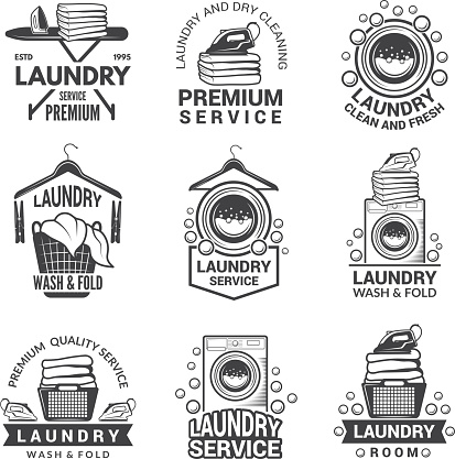 Labels for laundry service. Vector monochrome pictures. Laundry logo and household wash illustration