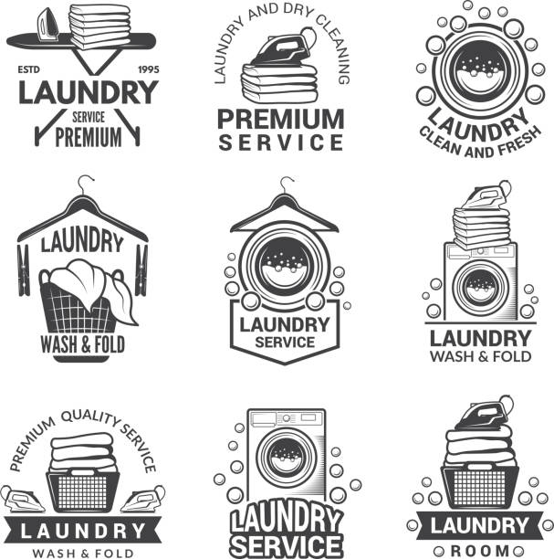 Labels for laundry service. Vector monochrome pictures Labels for laundry service. Vector monochrome pictures. Laundry logo and household wash illustration laundromat laundry residential structure cleaning stock illustrations