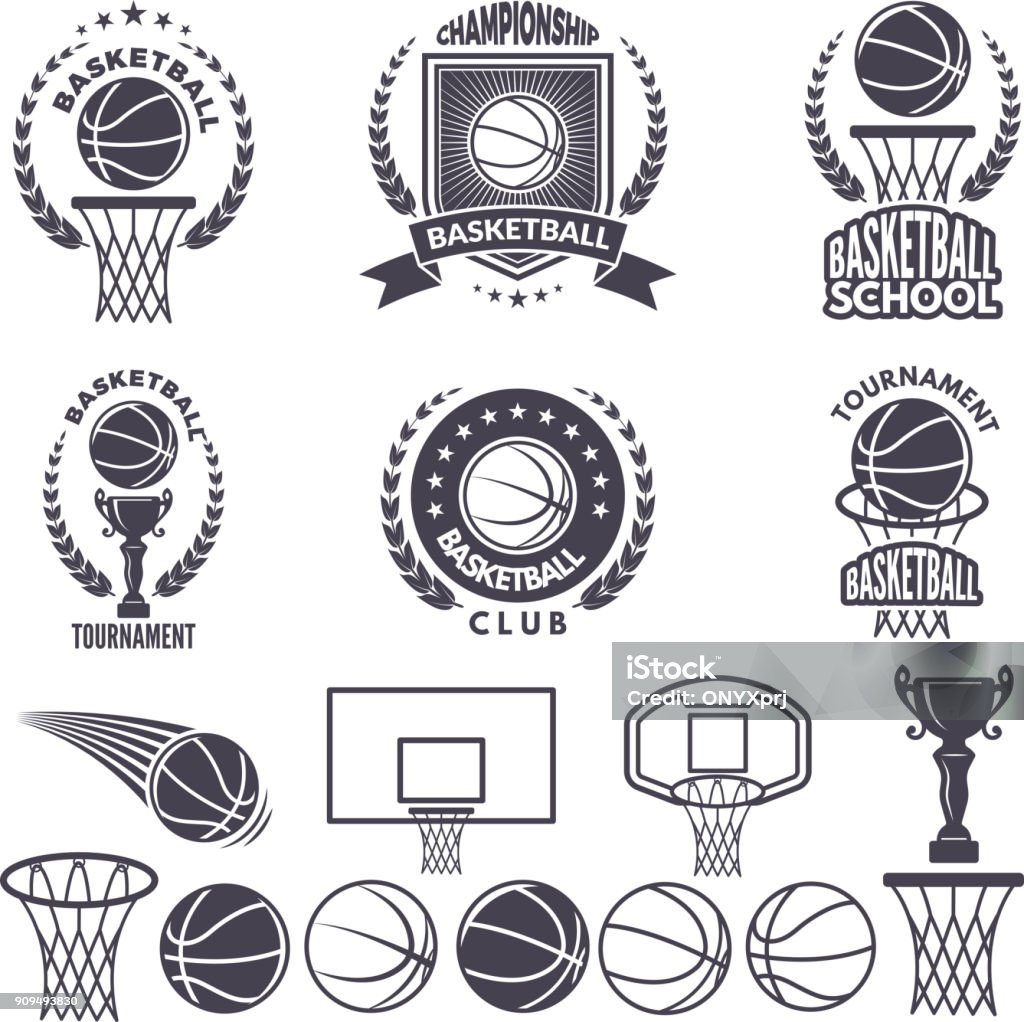 Sport avec des images monochromes de basket-ball. Jeu d’étiquettes vectorielles isoler sur blanc - clipart vectoriel de Ballon de basket libre de droits