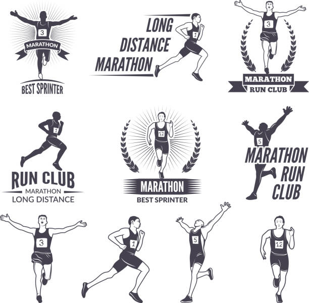 Sport labels at marathon theme for sport teams. Illustrations of athlete isolated. Sport marathon run badge, emblem or label vector