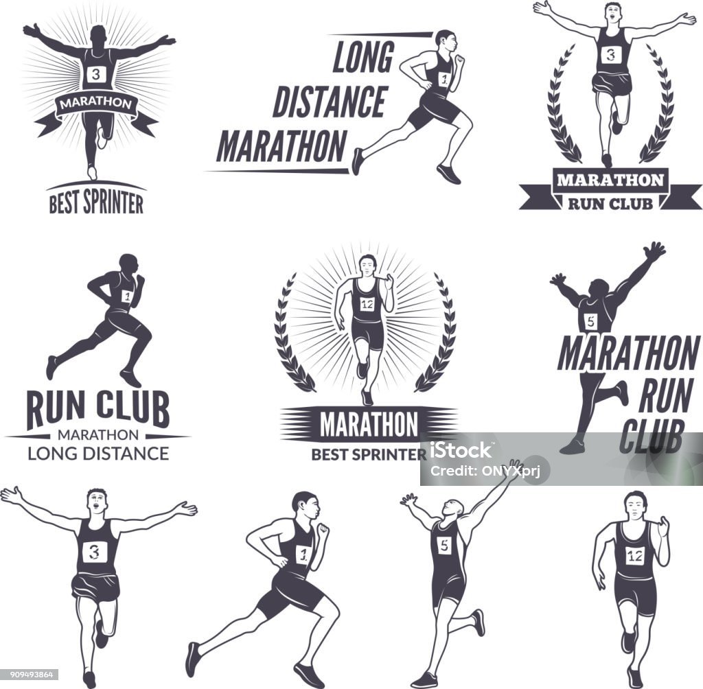 Sport labels at marathon theme for sport teams. Illustrations of athlete isolated Sport labels at marathon theme for sport teams. Illustrations of athlete isolated. Sport marathon run badge, emblem or label vector Running stock vector