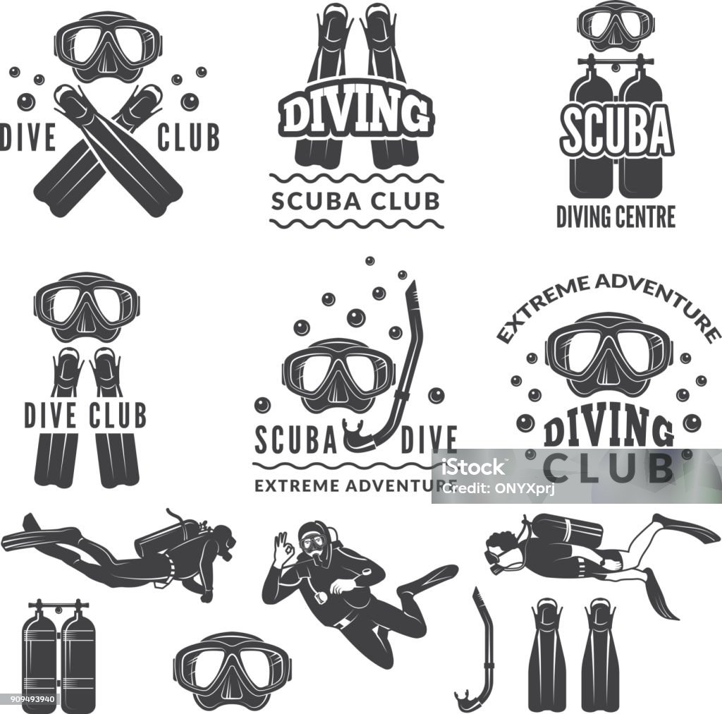 Silhouette of scuba and divers. Labels for sea sport club Silhouette of scuba and divers. Labels for sea sport club. Diver emblem, underwater sport vector illustration Underwater Diving stock vector