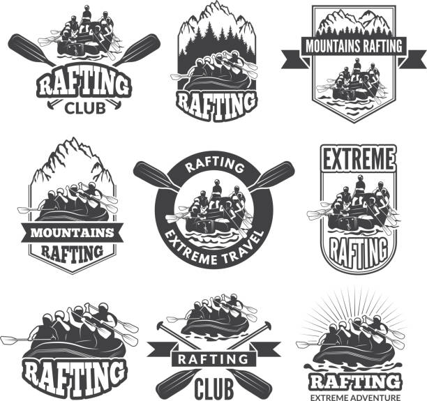 illustrazioni stock, clip art, cartoni animati e icone di tendenza di etichette monocromatiche vintage per sport acquatici pericolosi. simboli del rafting. immagini di kayak - kayaking kayak river sport