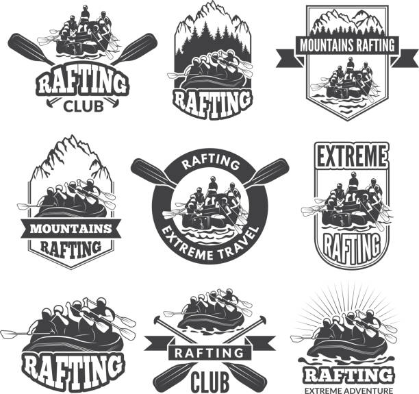 ilustrações de stock, clip art, desenhos animados e ícones de vintage monochrome labels for dangerous water sports. symbols of rafting. pictures of kayak - canoe canoeing paddling oar