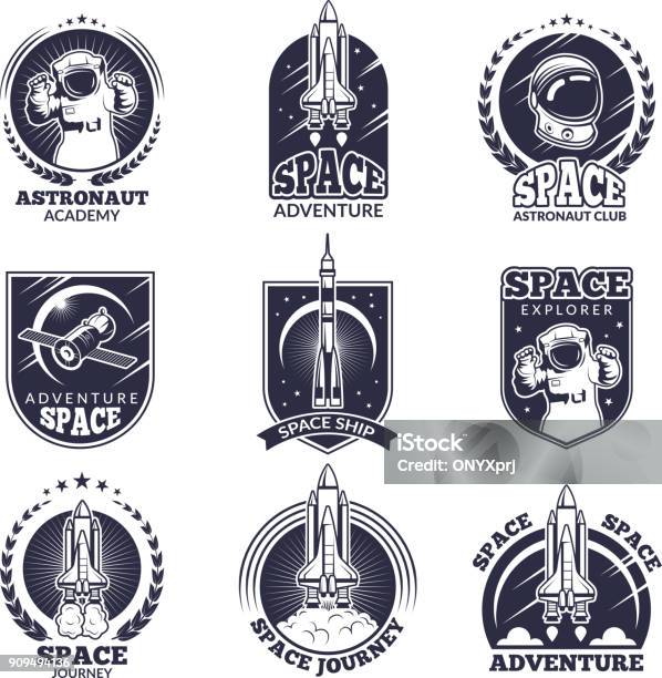 Étiquettes Monochromes Pour Les Astronautes Modèles De Badges Vector Avec Place Pour Votre Texte Vecteurs libres de droits et plus d'images vectorielles de Espace cosmique