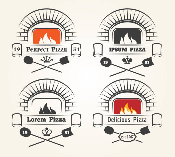 Firewood oven pizza logo Firewood oven pizza logo. Traditional pizzeria emblems with fire, old wood fired brick oven and shovels isolated on white background, vector illustration chef cooking flames stock illustrations