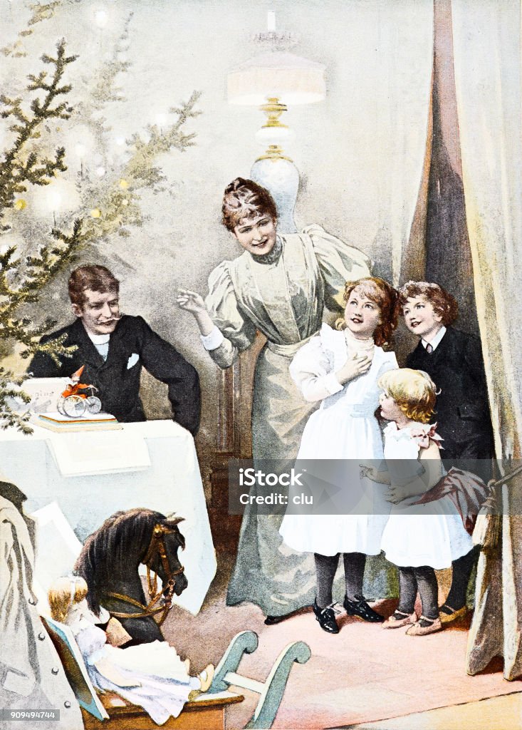 The great moment at christmas: mother leads children to the living room with christams tree and gifts Illustration from 19th century Christmas stock illustration