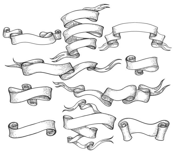 ilustrações de stock, clip art, desenhos animados e ícones de scroll sketch vintage swirl ribbons set - old scroll illustrations