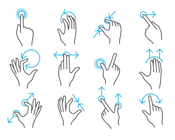 ilustraciones, imágenes clip art, dibujos animados e iconos de stock de gestos de mano con pantalla táctil - pinching