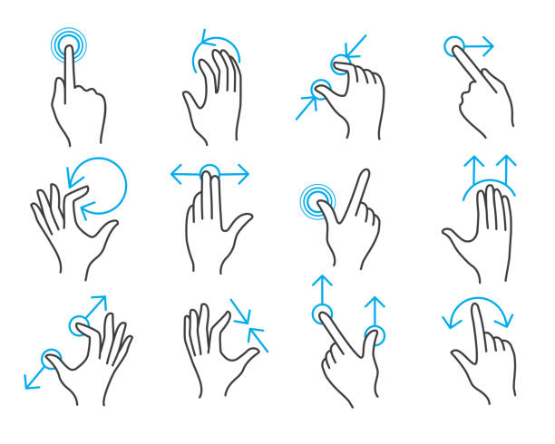 ilustrações, clipart, desenhos animados e ícones de gestos de touchscreen - touch screen touching technology expertise