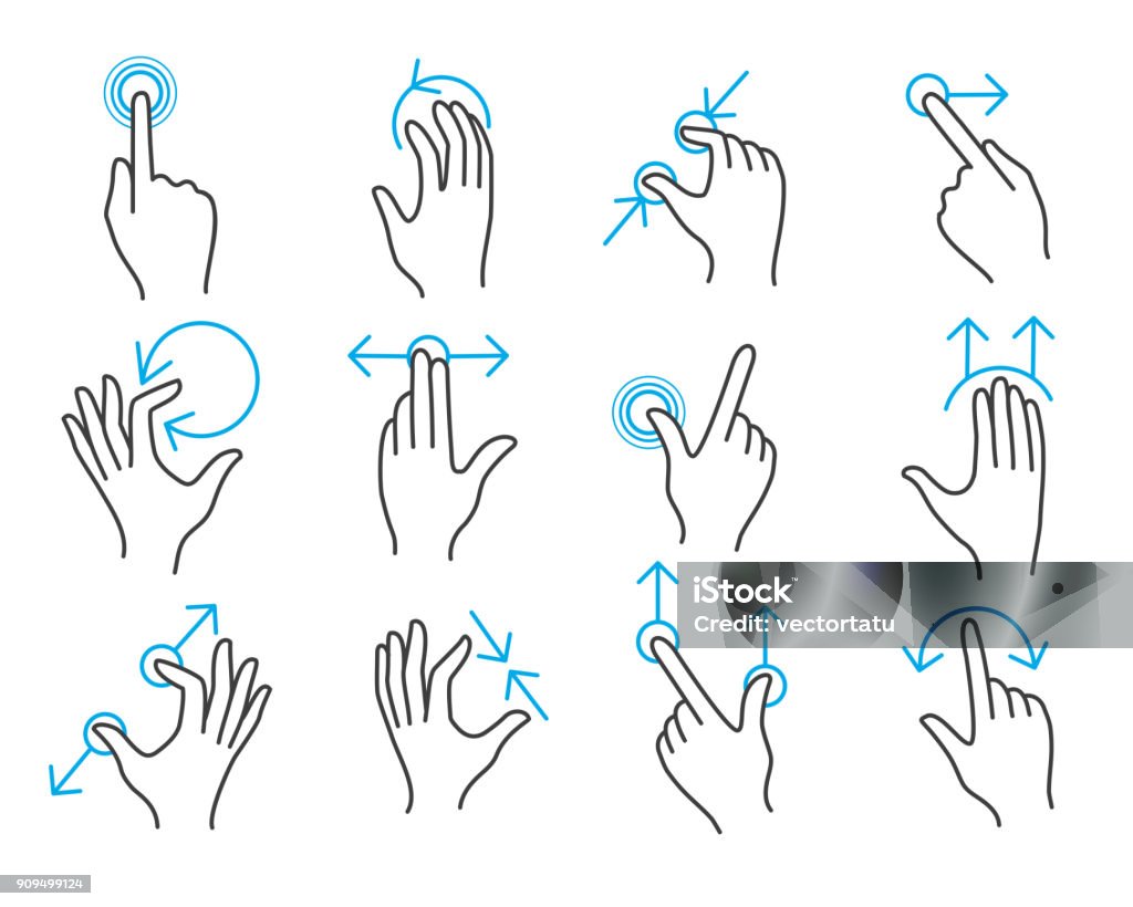 Hand touchscreen gestures Hand touchscreen gestures. Vector hands actions icons on touch screens like swipe and slide touch Hand stock vector