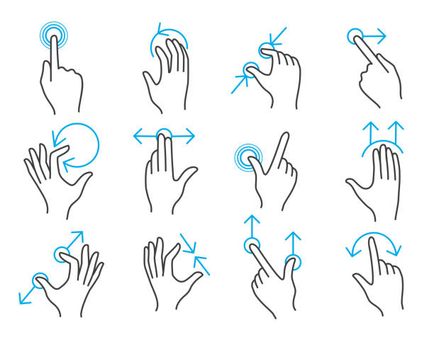 Hand touchscreen gestures Hand touchscreen gestures. Vector hands actions icons on touch screens like swipe and slide touch leaving a tip stock illustrations