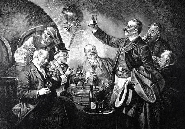 grupa mężczyzn siedzących w restauracji, pijących wino - old old fashioned engraved image engraving stock illustrations