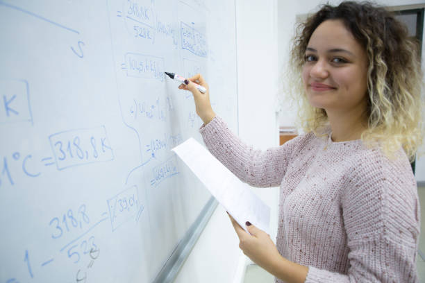 istock Female Student writing mathematical formula in front of the blackboard 909502090