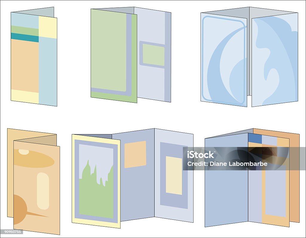 Six Different Folding Styles Multi-colored Brochure Icons Brochure and pamphlet icons showing six different folds isolated on white.  Six Different Folding Styles Multi-colored Brochure Icons including horizontal,vertical,single fold, accordion fold,gate folds. The brochures are done in light pastel blue,green,orange, yellow and peach colors. Brochure stock illustration