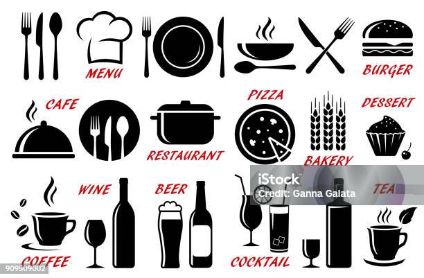 Satz Von Restaurant Café Symbole Silhouetten Stock Vektor Art und mehr Bilder von Icon - Icon, Restaurant, Speisen