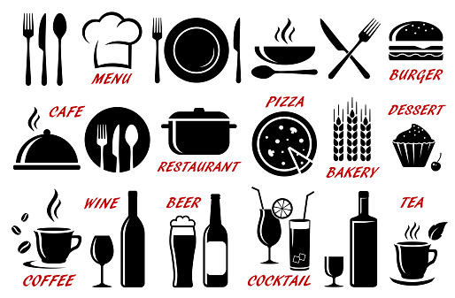 set of restaurant, cafe icons with utensil, cutlery, food and alcohol