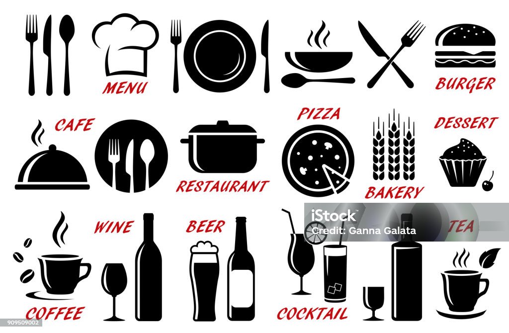 set of restaurant, cafe icons silhouettes set of restaurant, cafe icons with utensil, cutlery, food and alcohol Icon Symbol stock vector