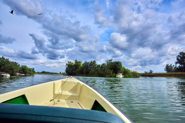 front of boat explring the beautiful nature in spring day.