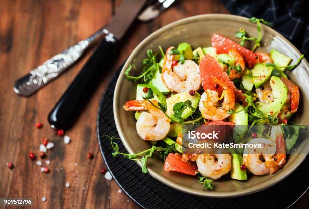 Delicious Fresh Salad With Prawns Grapefruit Avocado Cucumber Stock Photo - Download Image Now