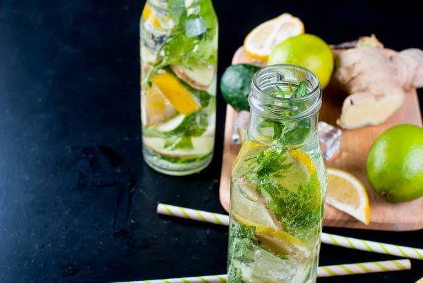 istock Bottle with detox fresh organic cucumber, lemon and mint water 909512984