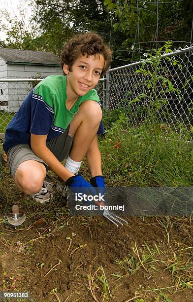 Chłopiec Pracujących W Ogrodzie - zdjęcia stockowe i więcej obrazów Chłopcy - Chłopcy, Ogród warzywny, Pielić