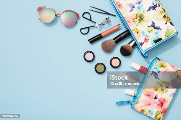 Summer Makeup Flat Lay For Beach Holidays Stock Photo - Download Image Now - Make-Up, Make-Up Bag, Summer