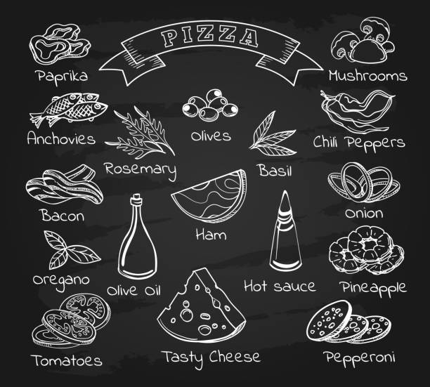Pizza ingredients set on chalkboard Pizza ingredients on chalkboard. Black board background with italian food pizza with vegetables and olives sketch, cheese and garlic doodles, vector illustration anchovy stock illustrations