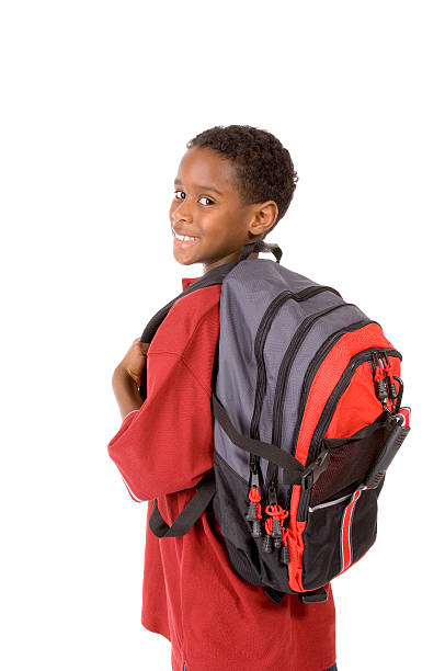 istock Young boy turning to camera wearing a big backpack 90952391