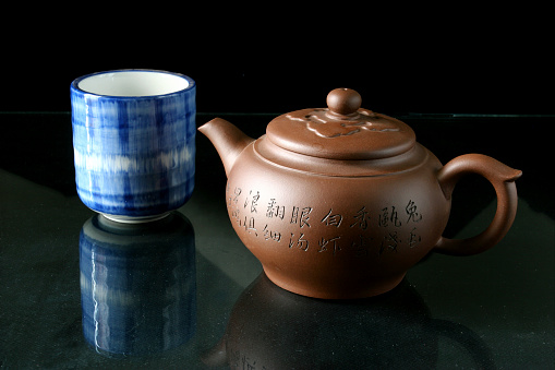 Taken on a black background.  The teapot and mug are porcelain.