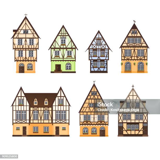 Set Of Isolated Colored Half Timbered Buildings On White Background Collection Of Flat Facades Of European Framing Houses Cottages Stock Illustration - Download Image Now