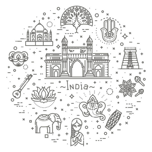 indie ikony zestaw. indyjskie atrakcje, projektowanie linii. turystyka w indiach, odosobniona ilustracja wektorowa. tradycyjne symbole. - ganesha indian culture india vector stock illustrations