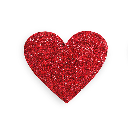 Glitter red homemade heart isolated on white background. Valentine day mockup. Lovers holiday symbols